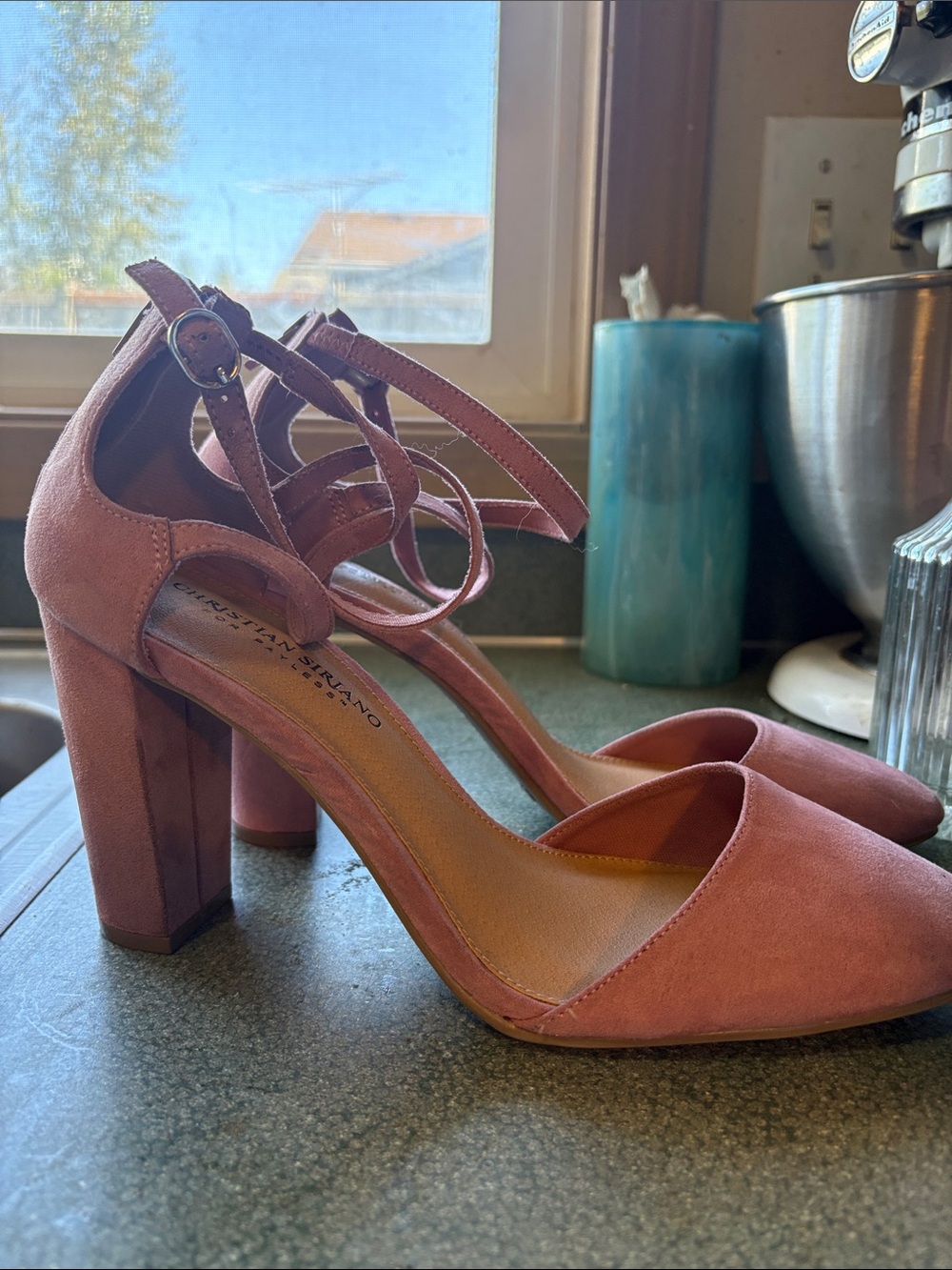 Christian Siriano Dusty Pink Suede Block Heel Ankle-Strap Pumps